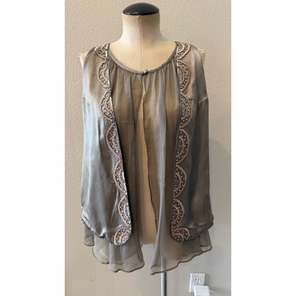 IMAN Women's S Gray Embellished Beaded Chiffon Layered Open Front Blouse